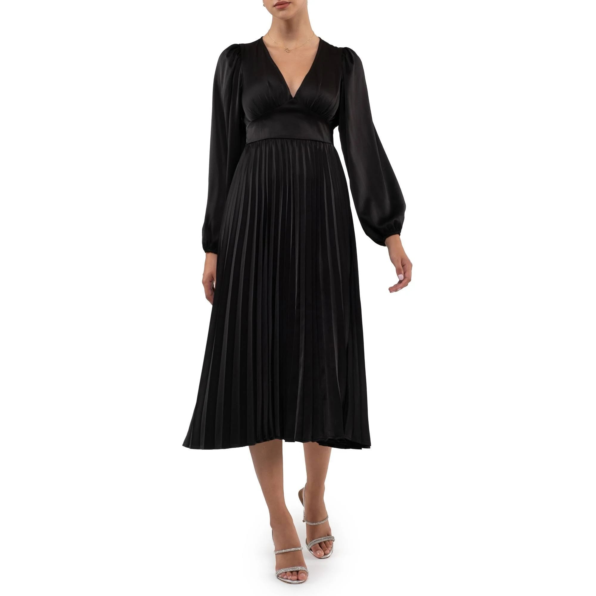 Empire Waist Pleated Long Sleeve Midi Dress for Women in Black | Image