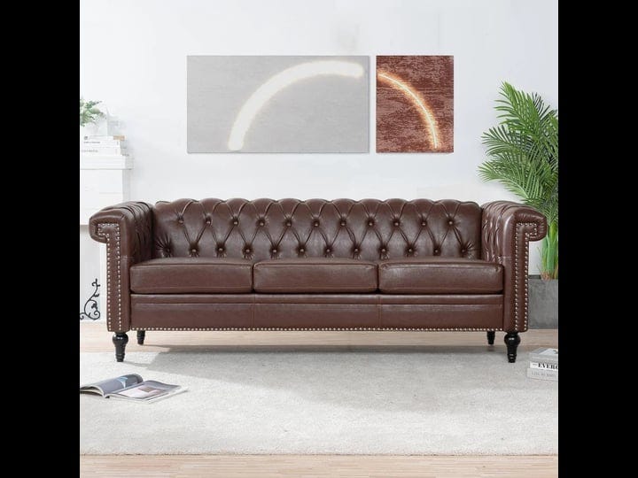 83-5-in-w-flared-arm-faux-leather-straight-sofa-in-dark-brown-with-na-1