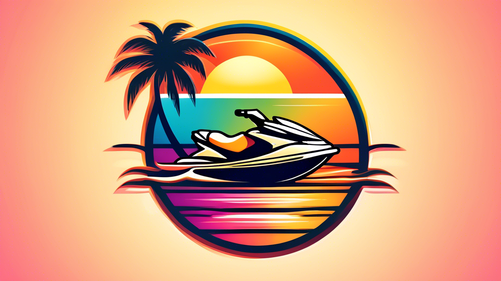 A colorful jet ski rental business logo with a palm tree and the sun in the background