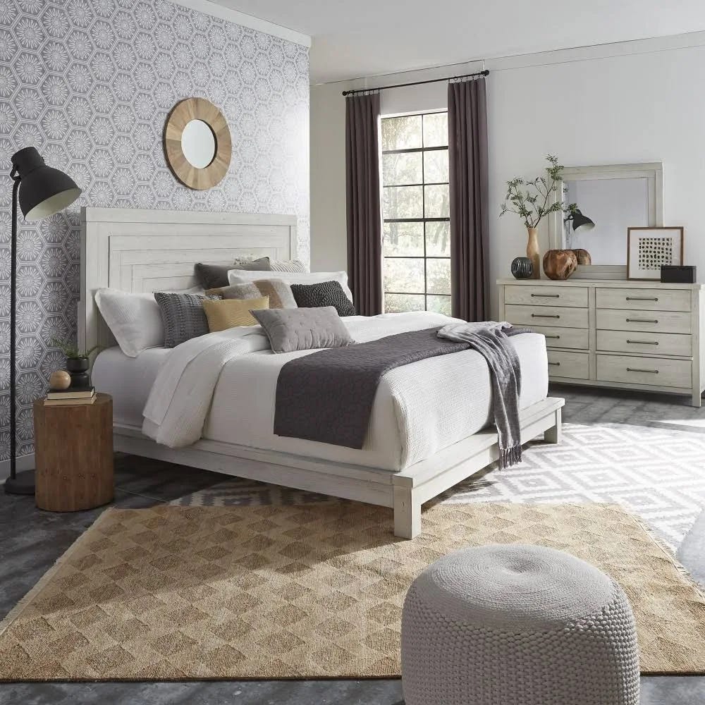 Liberty Modern Farmhouse King Platform Bed Set with Dresser and Mirror - White | Image