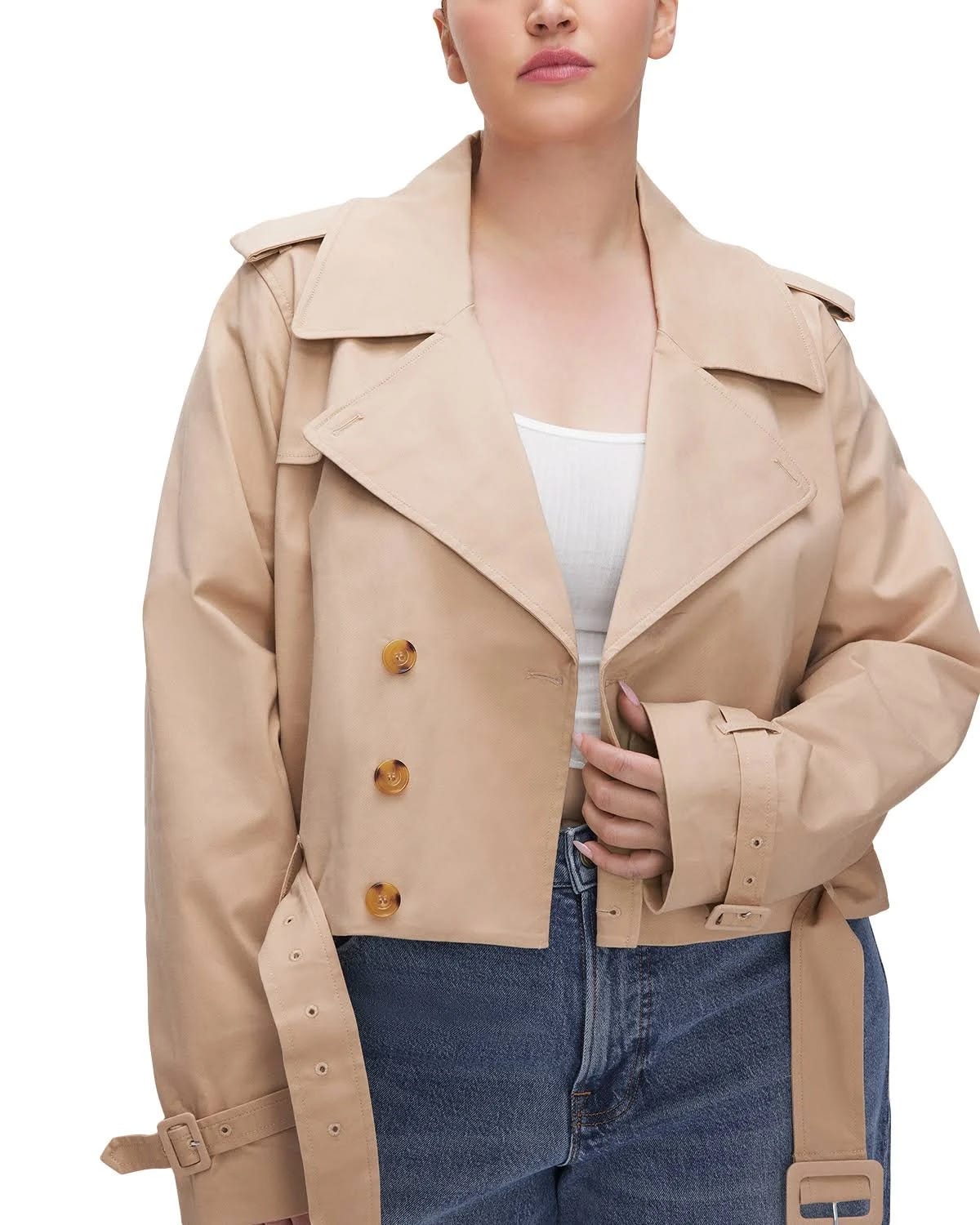 Classic Trench Coat: Chino Fabric, Cropped Style, Champagne Color | Image