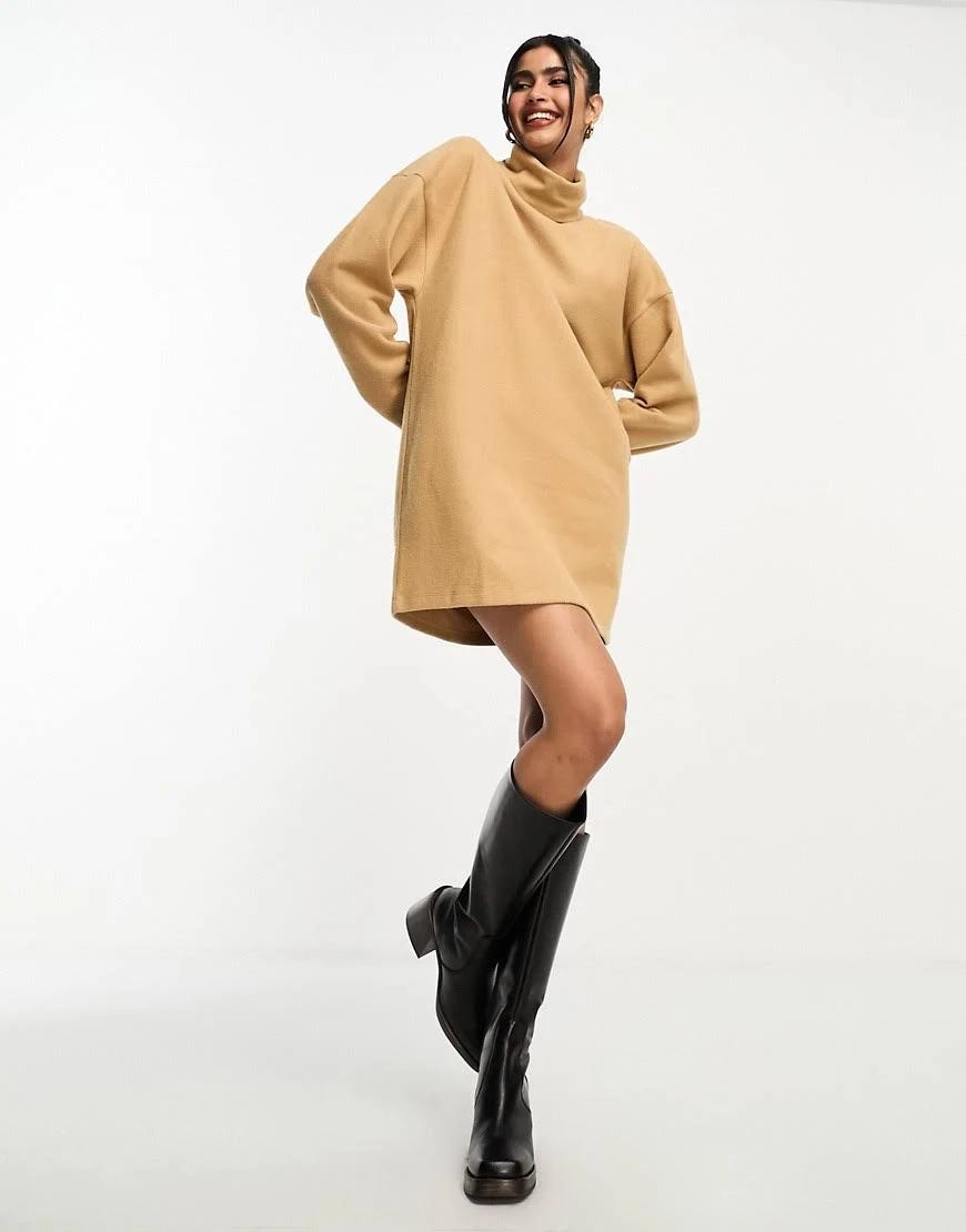 Comfortable Brown Turtleneck Sweater Dress | Image