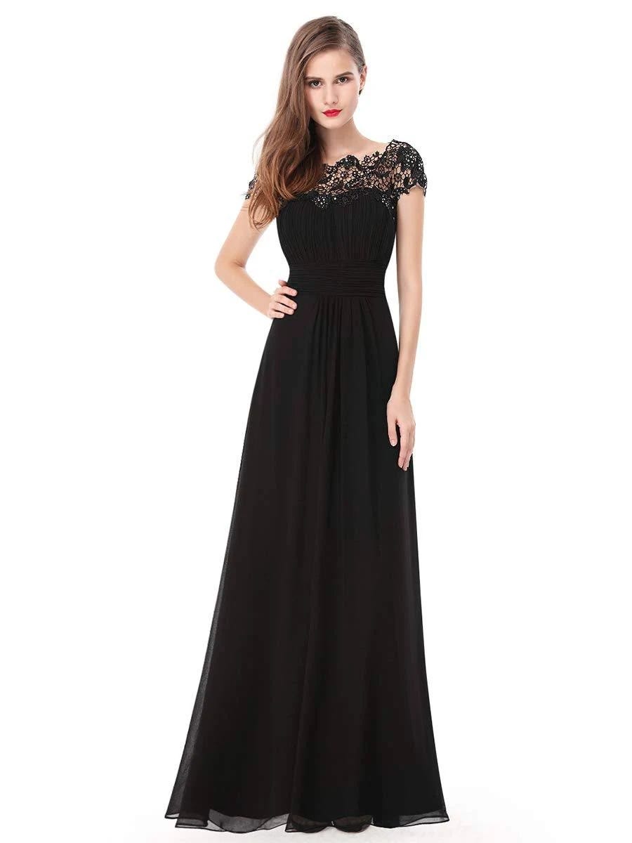 Elegant Long Black Dress with Lace Detail - Versatile for Weddings & Formal Events | Image