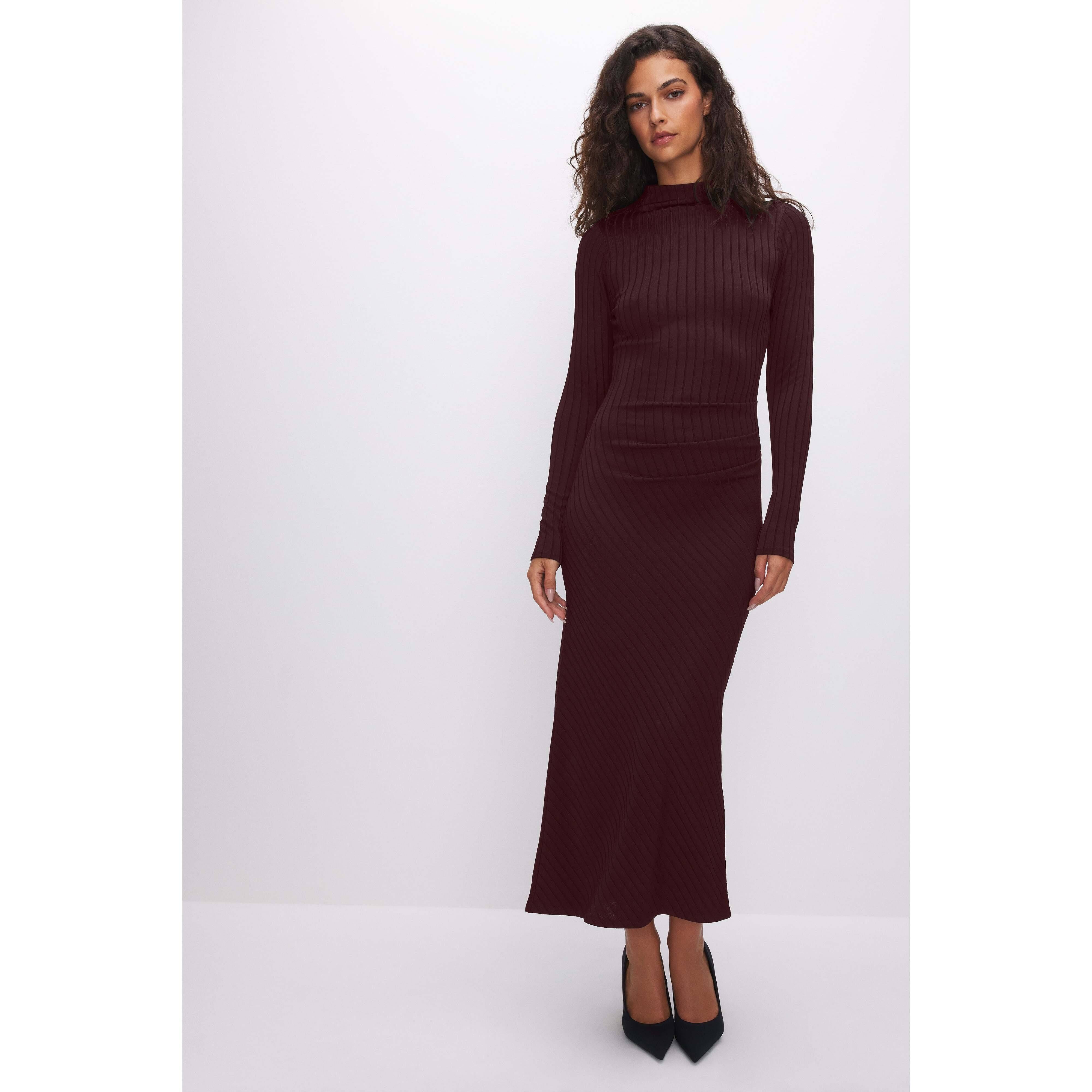 Slimming Dark Purple Midi Dress with High Neck and Sleeves | Image