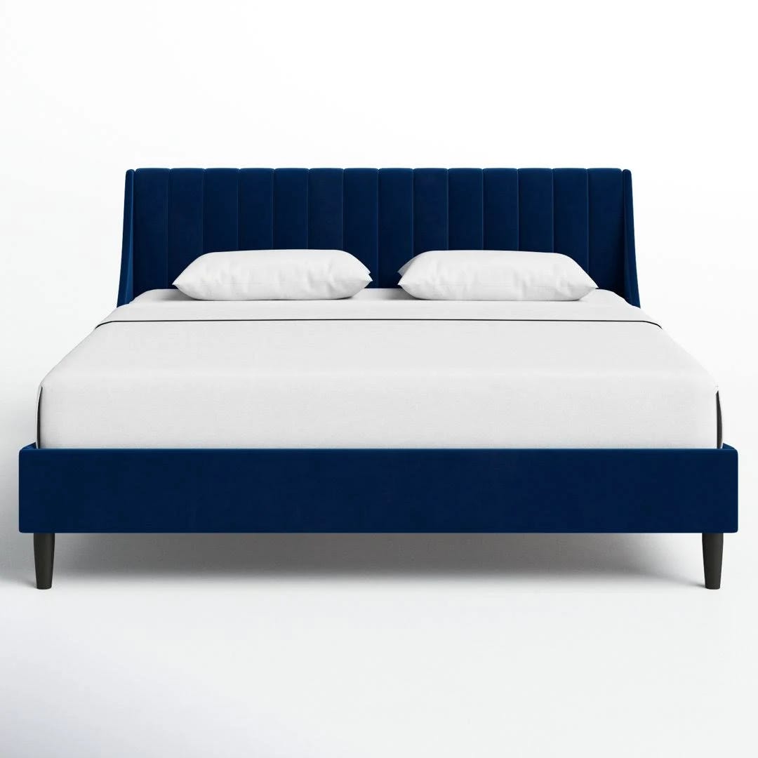 Helaina Blue Navy Velvet Low Profile Platform Bed - King Size | Image