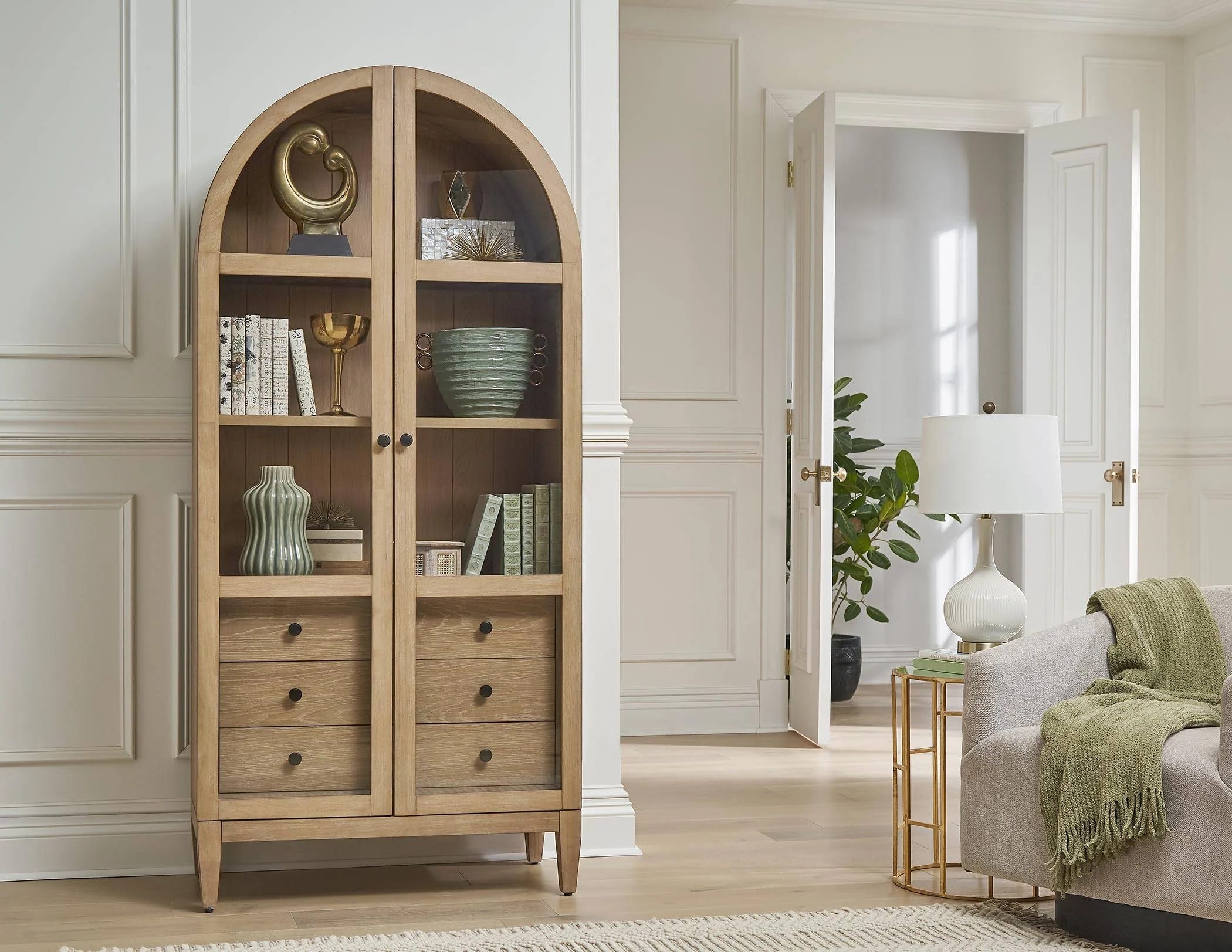 Contemporary Arched Wood Display Cabinet for Books and Decor | Image