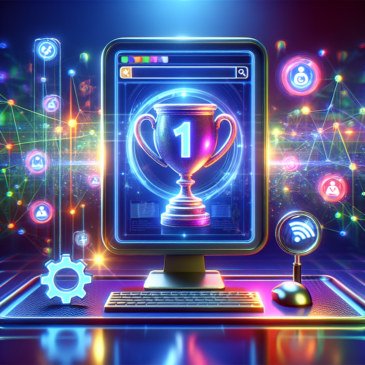 A computer screen displaying a futuristic search engine results page with a large trophy or number one icon at the top, surrounded by bright, colorful icons representing advanced SEO features such as keyword research, backlink analysis, and content optimization.