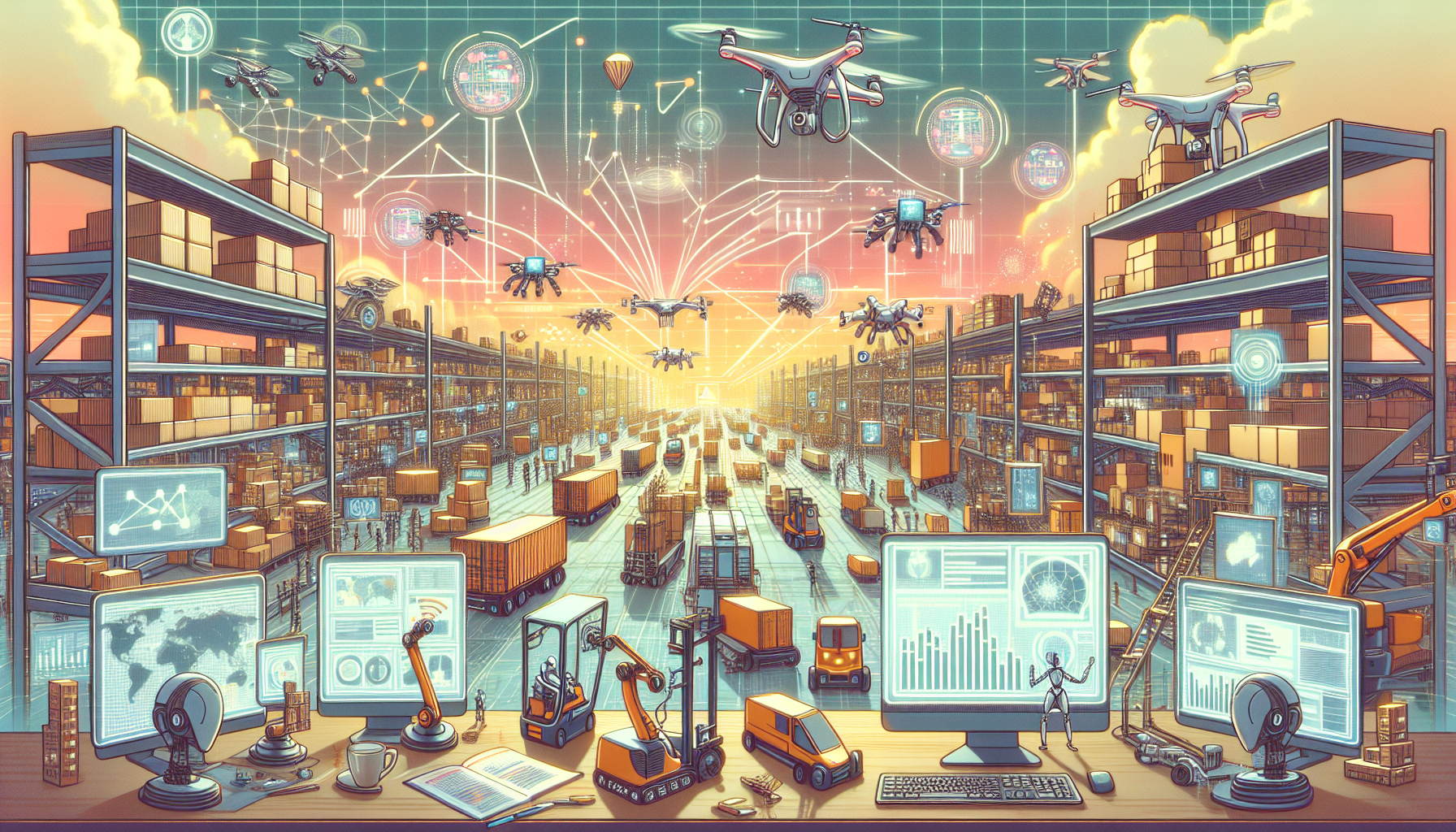 Create an illustration that depicts a futuristic supply chain an interconnected network supported by advanced AI technology. Show robots, drones, and automated vehicles efficiently managing and transporting goods in a high-tech warehouse. Include computer screens with real-time data analytics and AI-driven decision-making processes to emphasize the technological advancements. The atmosphere should be vibrant and innovative, reflecting the revolutionizing aspect of AI in the supply chain.