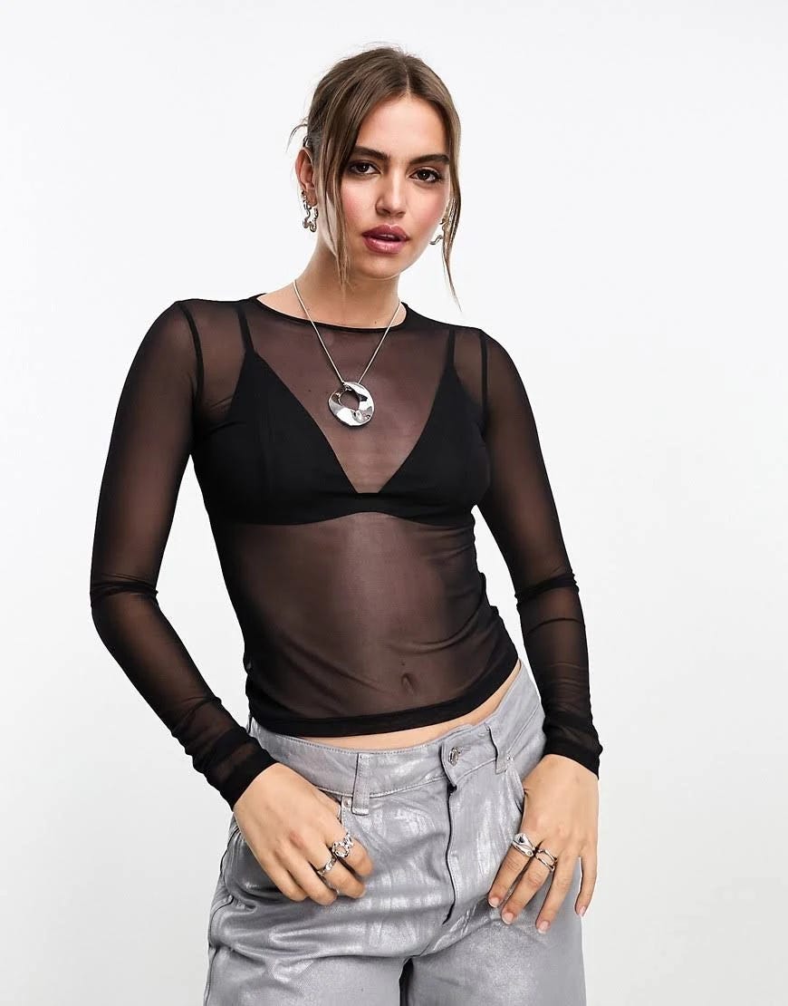 Comfy Monki Long Sleeve Mesh Top in Black | Image