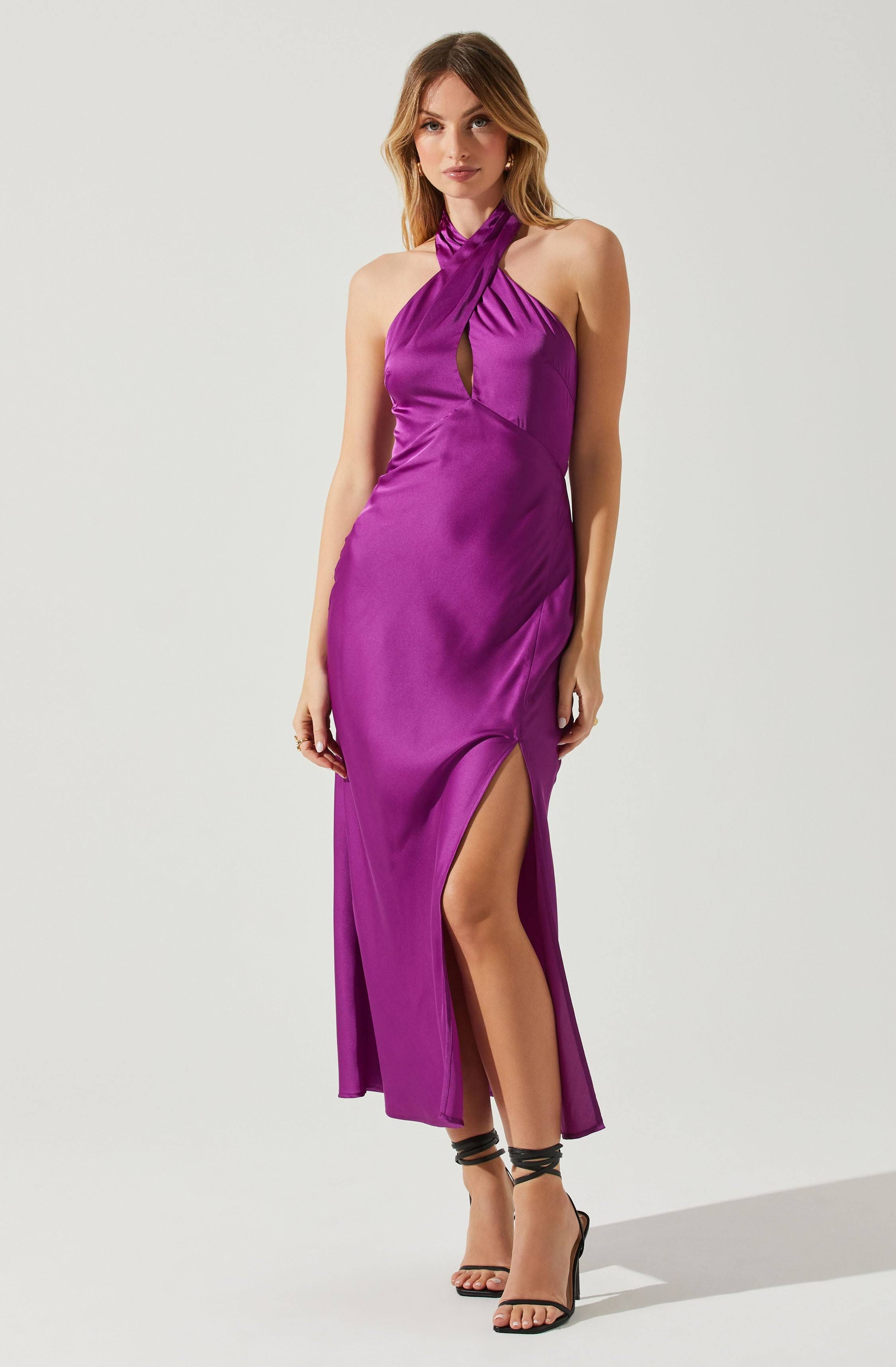 Magenta Satin Halter Midi Dress with Keyhole Cutout | Image