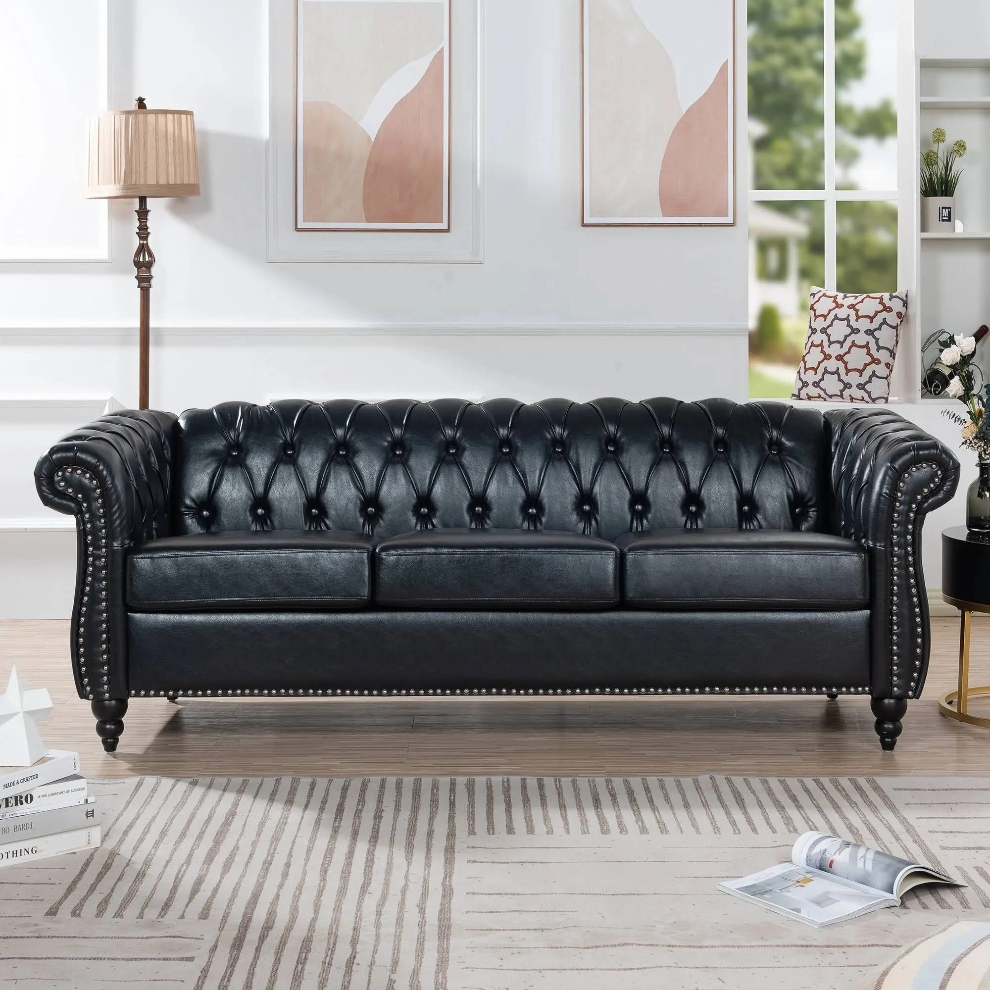 Mid Century Modern Leather Sofa with Rolled Arms - Black (Brown) Chesterfield 3 Seater | Image