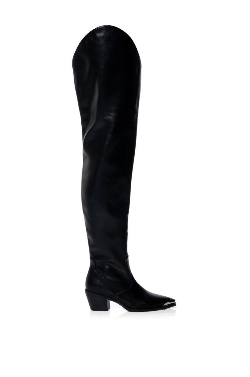 Thigh-High Black Cowboy Boots with Pointed Toe | Image