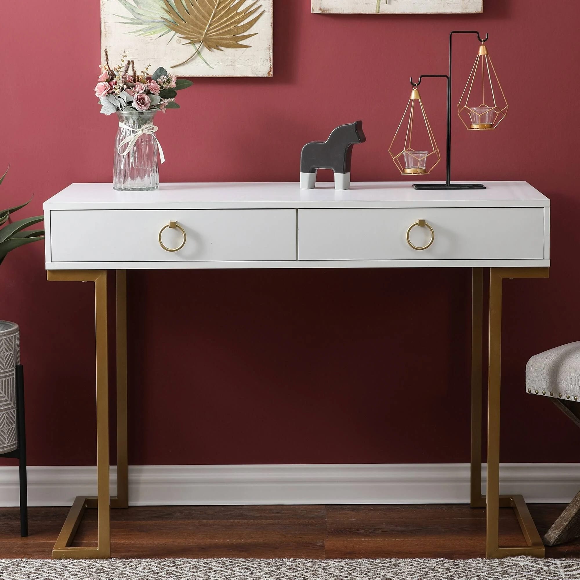 Modern Metal Desk with Two Drawers and Chic Gold Legs | Image