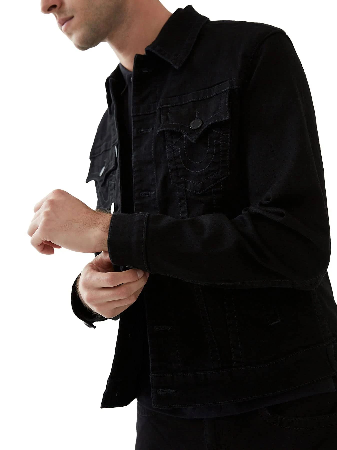 Trucker-Style Denim Jean Jacket for Men - Classic, Collared, and Tone Matte Hardware | Image