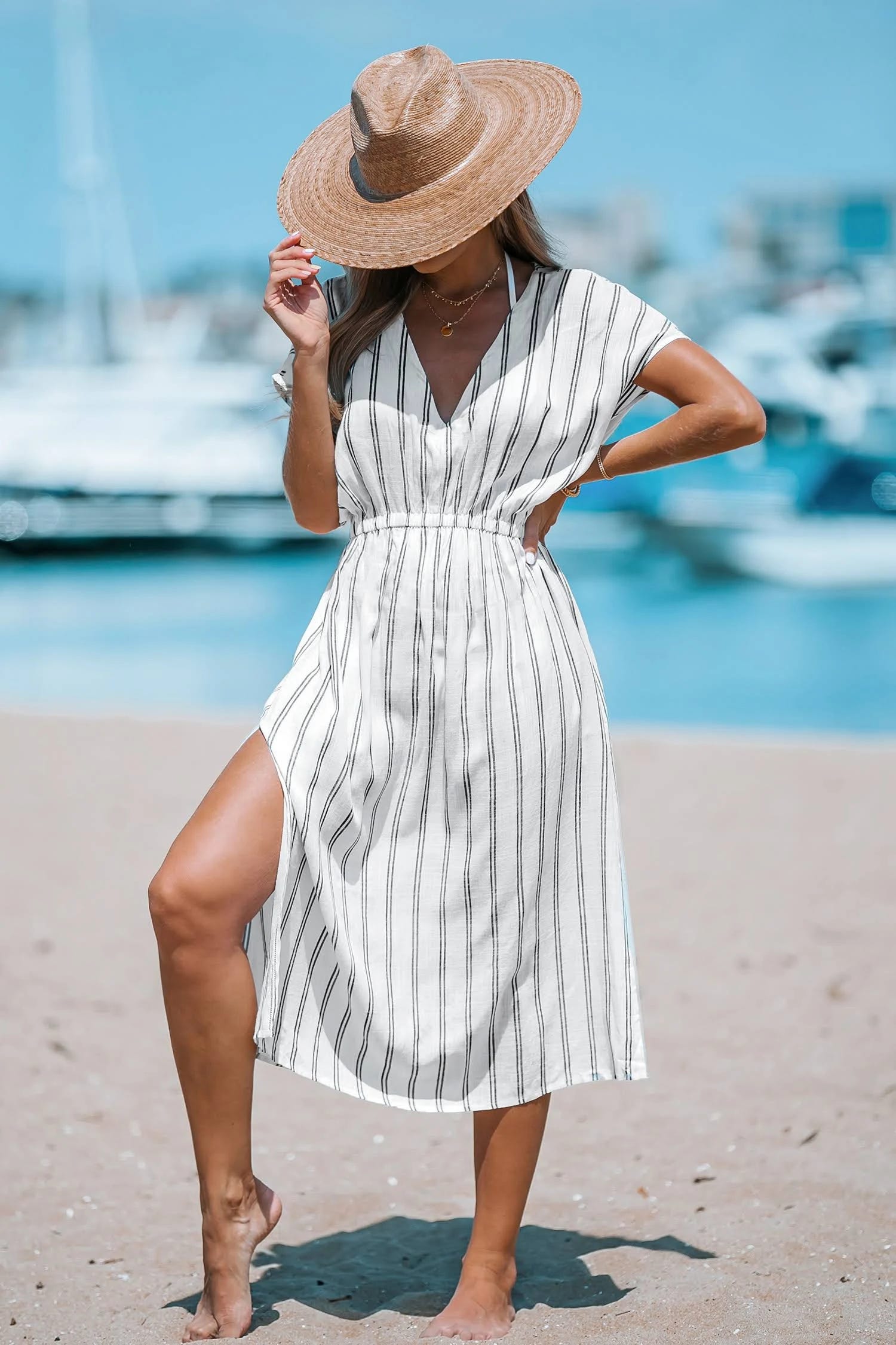 Modern Striped Midi Cover-Up Dress for Beach and Summer Vacation | Image