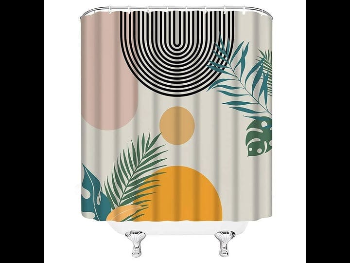 mid-century-modern-shower-curtain-abstract-boho-tropical-leaves-plant-arch-sun-minimalist-aesthetic--1