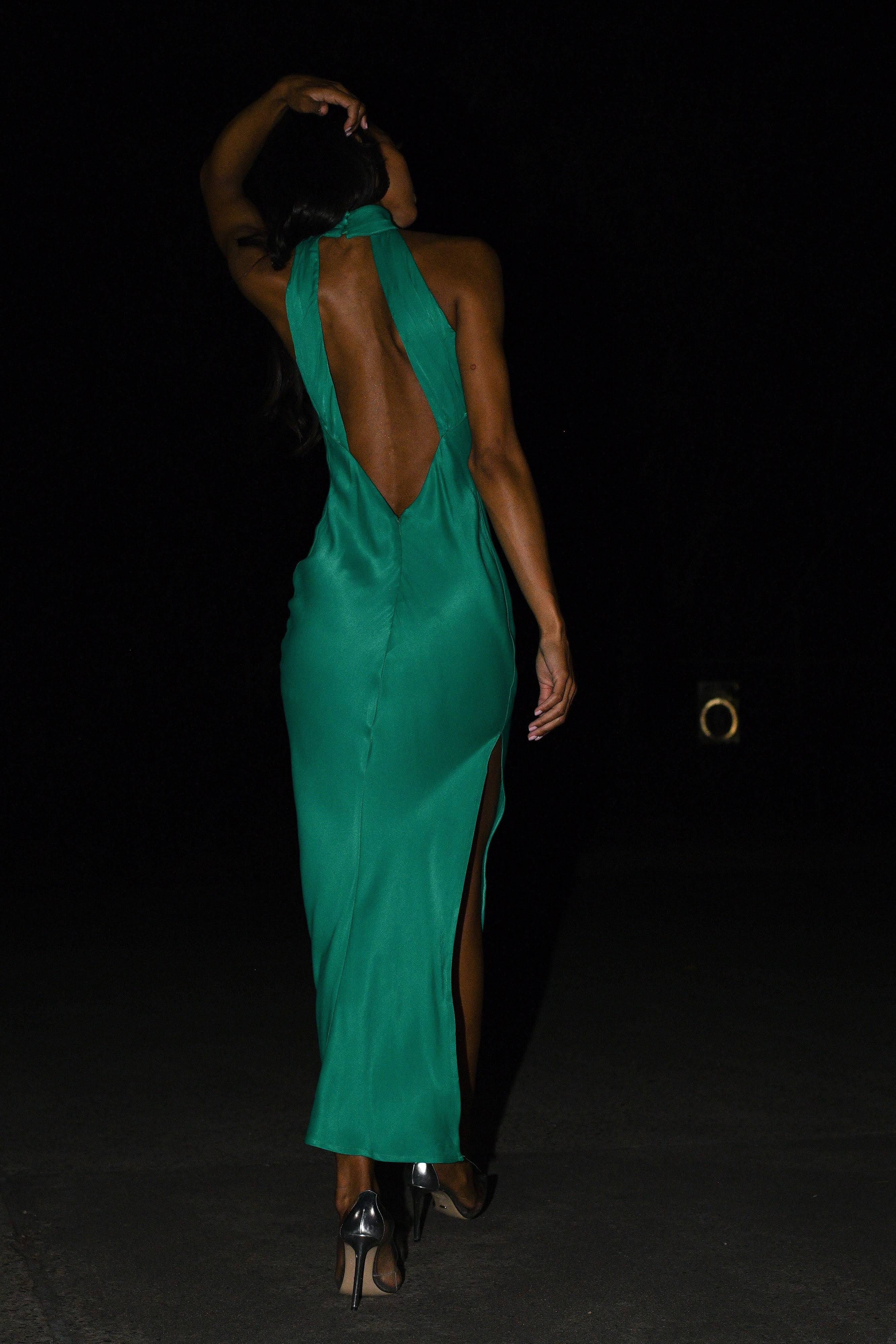 Elegant Green Satin Maxi Dress with Split Design | Image