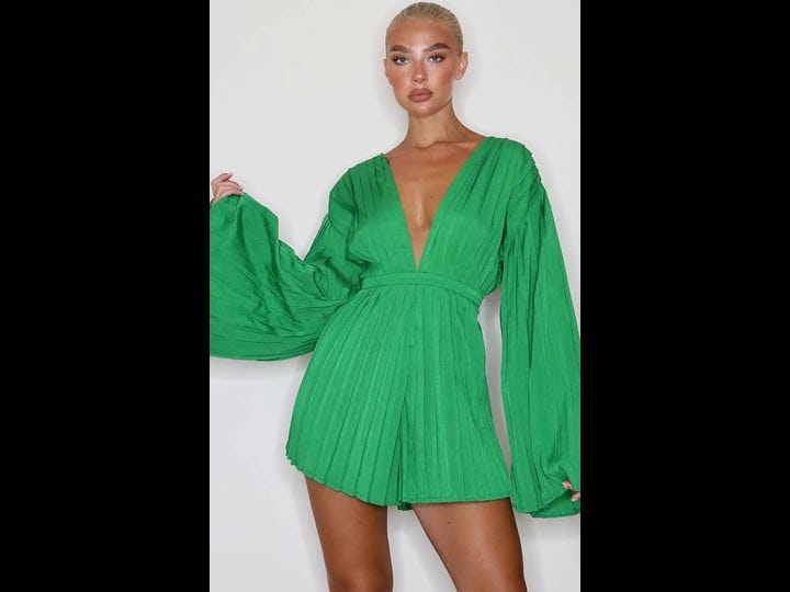 prettylittlething-pants-jumpsuits-nwt-pretty-little-things-green-plunge-pleated-romper-size-8-color--1