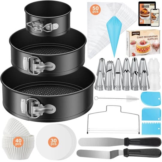kootek-144pcs-cake-pan-set-with-ebook-cake-decorating-supplies-with-3-round-nonstick-removable-base--1