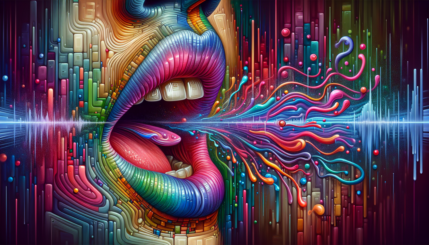 A hyperrealistic painting of a mouth speaking, with sound waves emanating from it, transforming into written words.