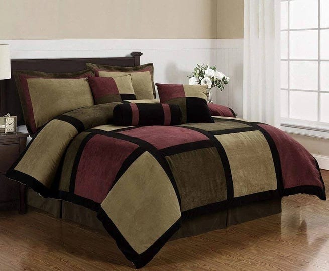 chezmoi-collection-7-piece-burgundy-brown-black-micro-suede-patchwork-comforter-set-queen-1