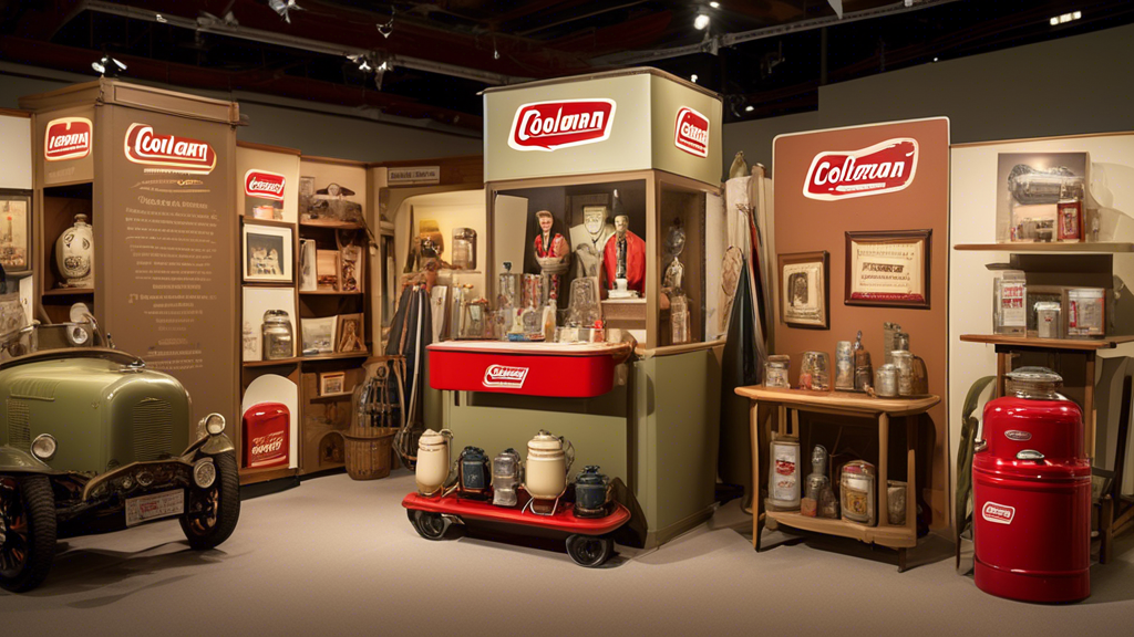 Create an image of a historical exhibition showcasing the diverse range of Coleman products throughout the decades. Display camping gear, lanterns, and coolers from different eras in a museum-like setting with informative plaques and vintage advertisements. Show a family in mid-20th-century attire interacting with some of the exhibits, evoking a sense of nostalgia and the lasting impact of Coleman products on outdoor adventures.