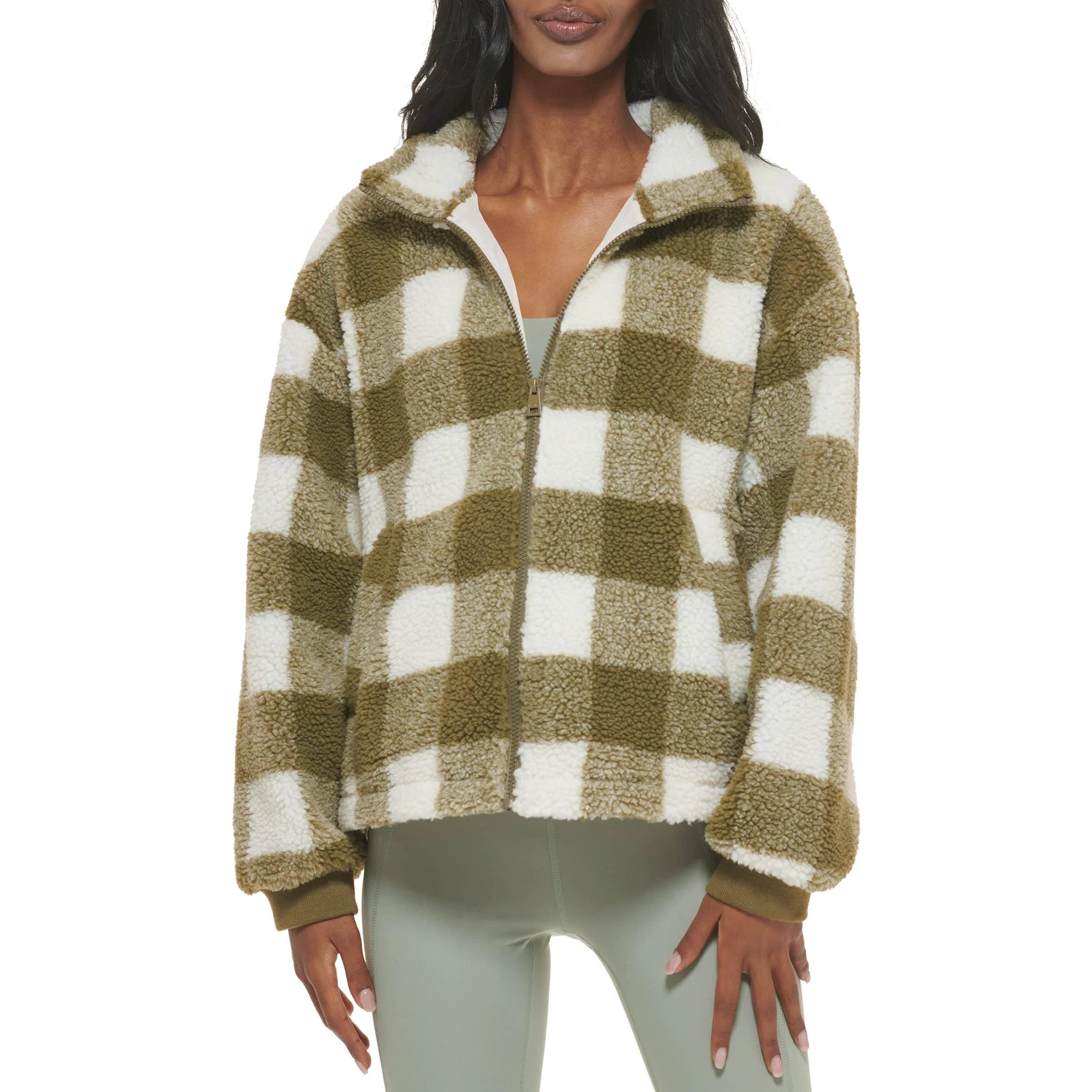 Stylish, Versatile Levi's Teddy Sherpa Women's Coat with Mock Collar and Plaid Pattern | Image