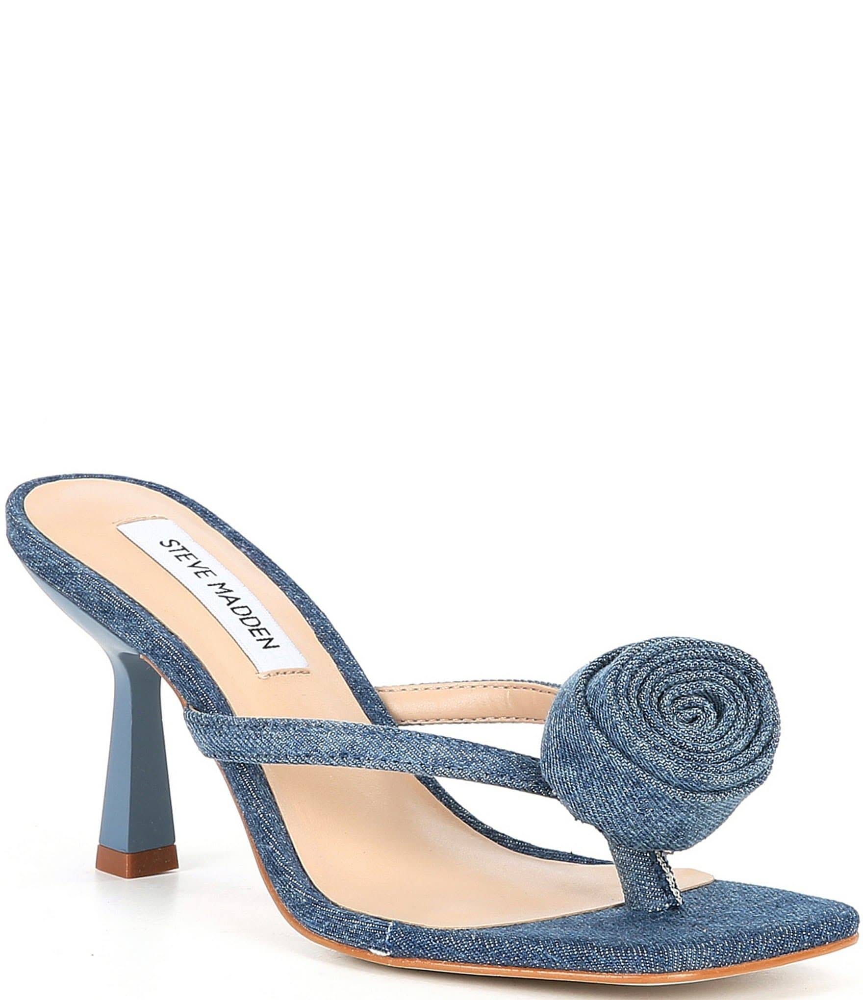 Chic Denim Thong Sandals with Embellished Heel | Image