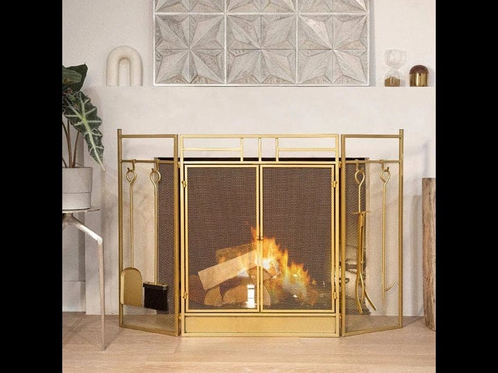 barton-48-in-fireplace-screen-gold-4-panel-fire-spark-guard-hinged-doors-with-fireplace-tools-1