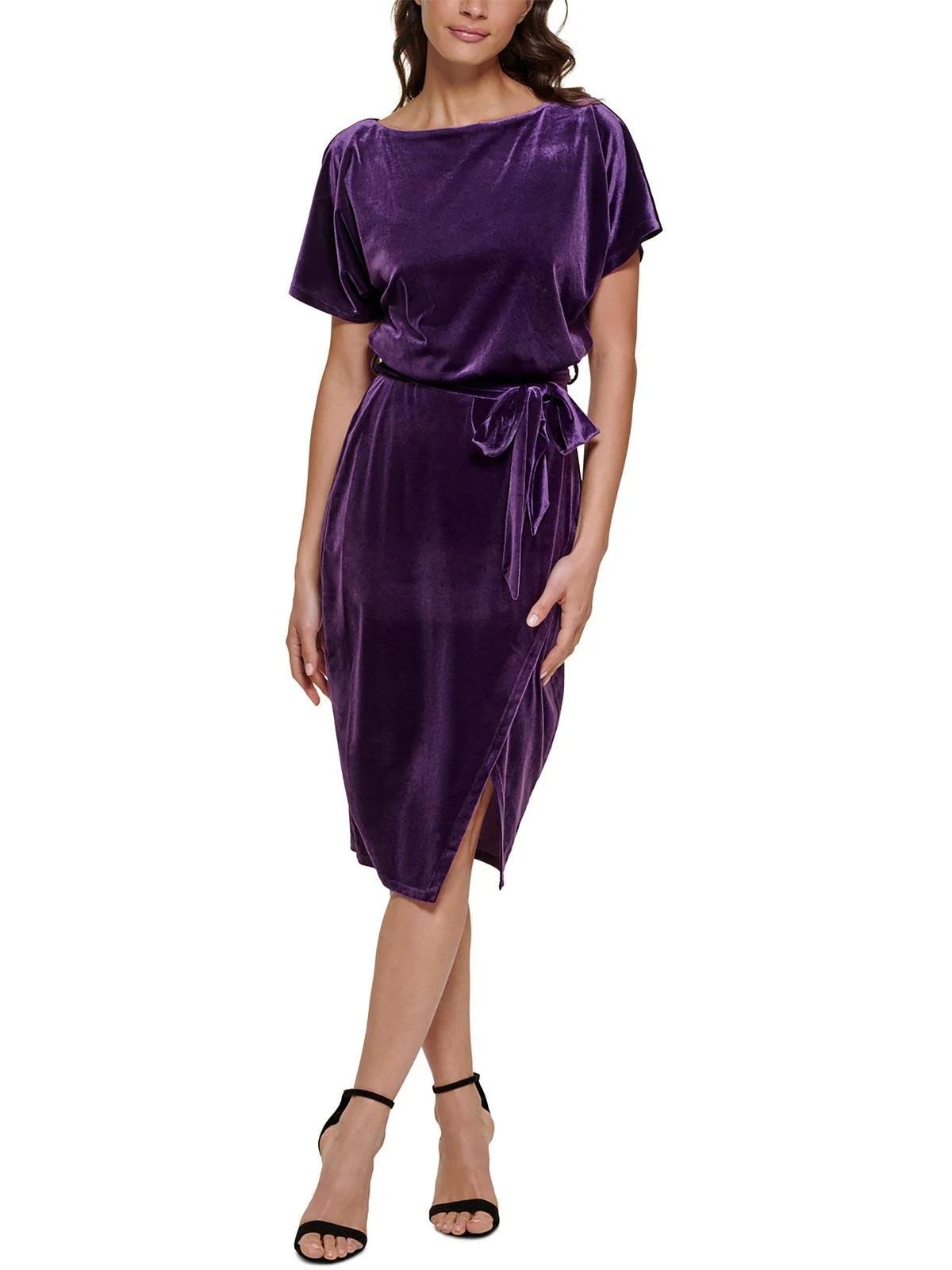 Kensie's Stretch-velvet Midi Dress in Dark Purple with Belted Design | Image
