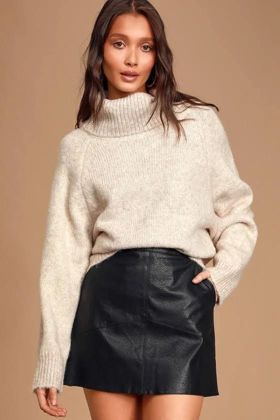Stylish Oversized Heather Beige Turtleneck Sweater by Lulus | Image