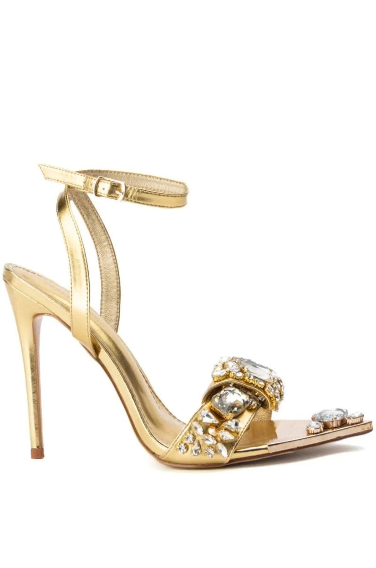 Stylish Gold Crystal Pointed Toe Stiletto Sandals | Image
