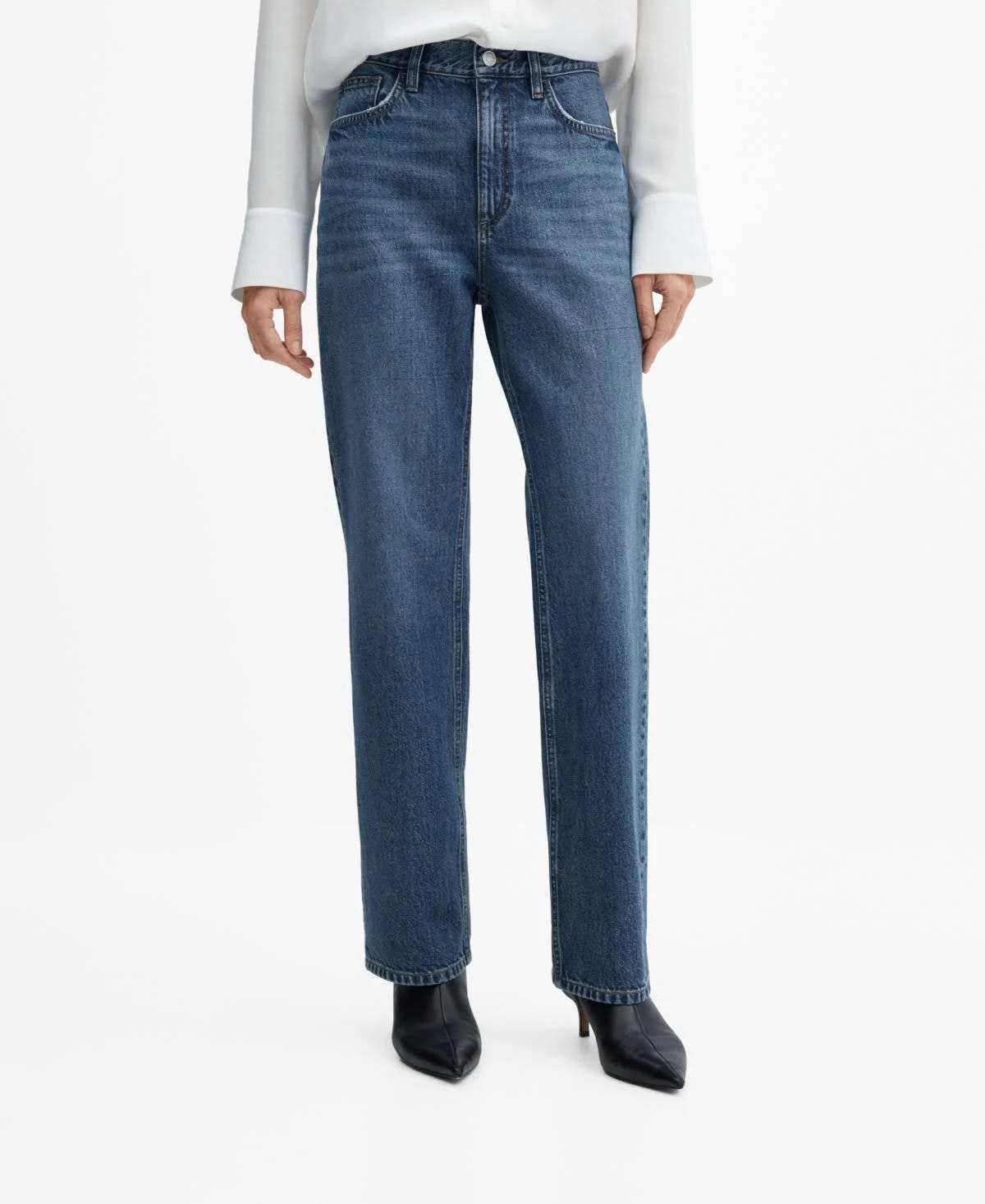 Mango Mid-Rise Straight Jeans for Women - Unlined Denim Pants in Dark Blue | Image