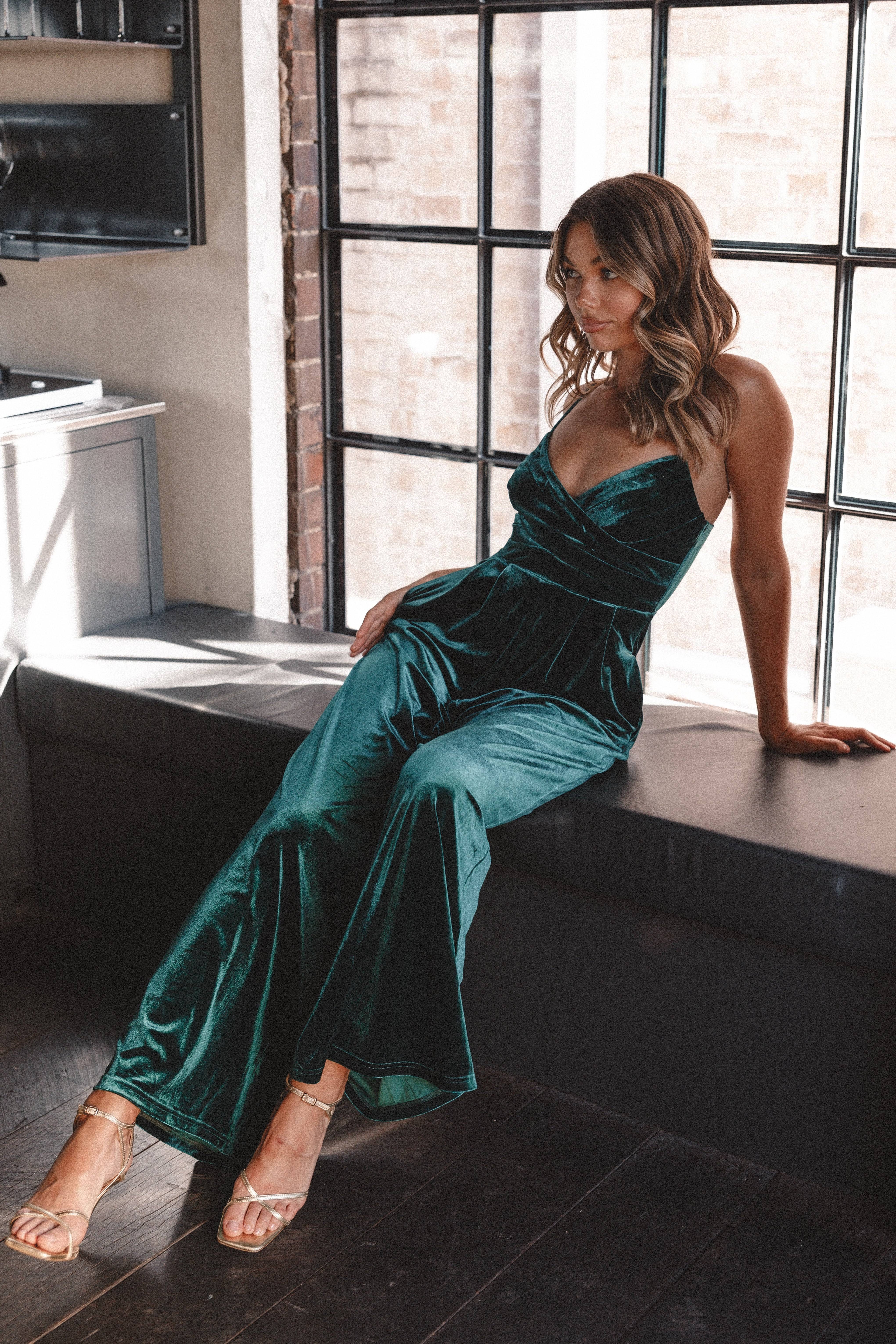 Emerald Velvet Jumpsuit with V Neckline | Image