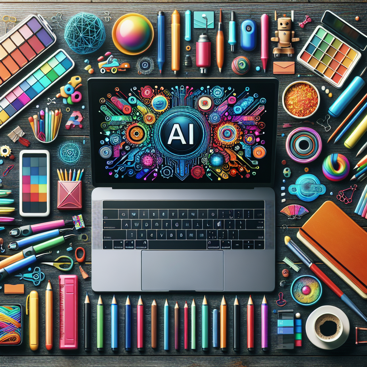 A modern laptop surrounded by an assortment of colorful pens, notebooks, and craft supplies.