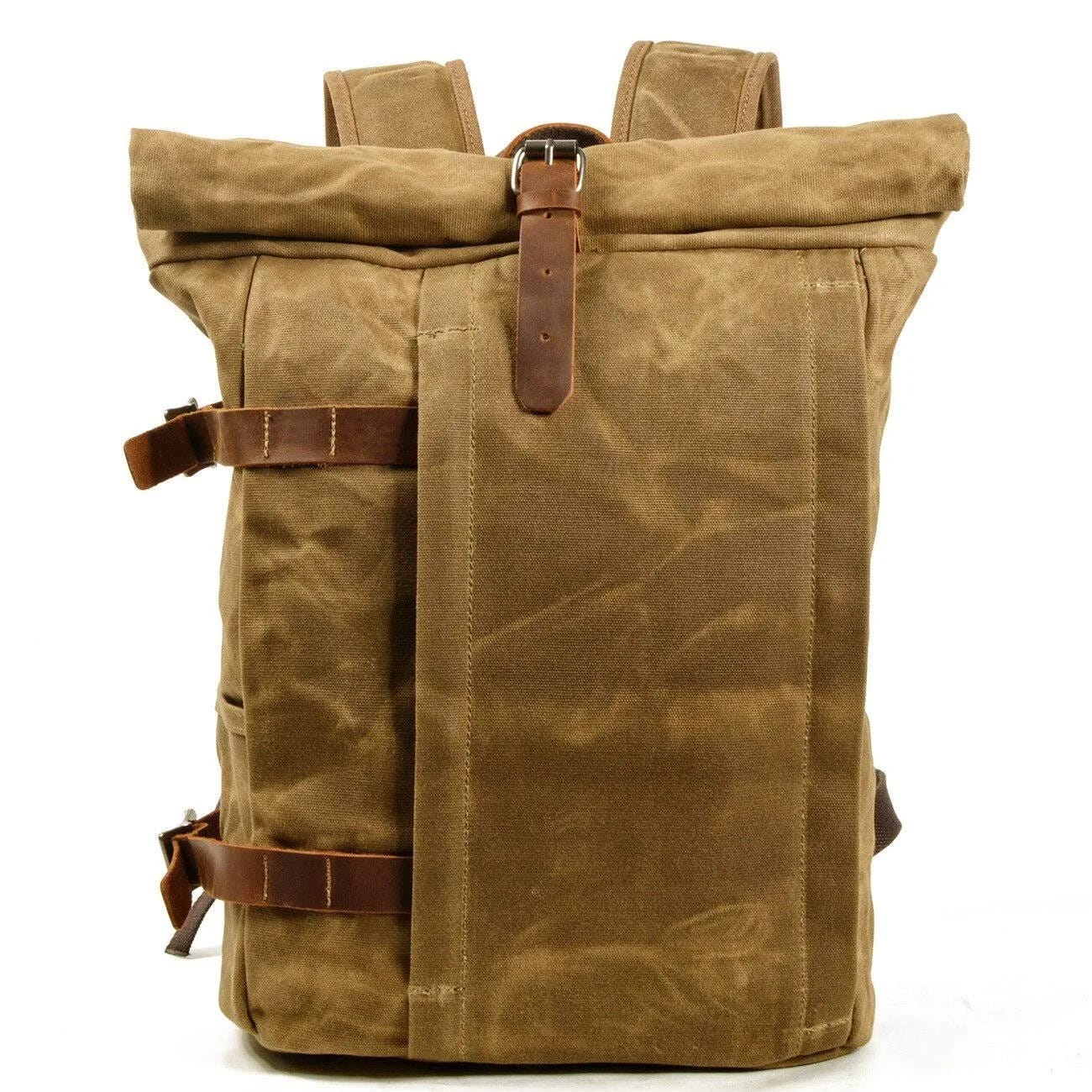 Vintage Waxed Canvas Rolltop Backpack - Classic Khaki Design | Image