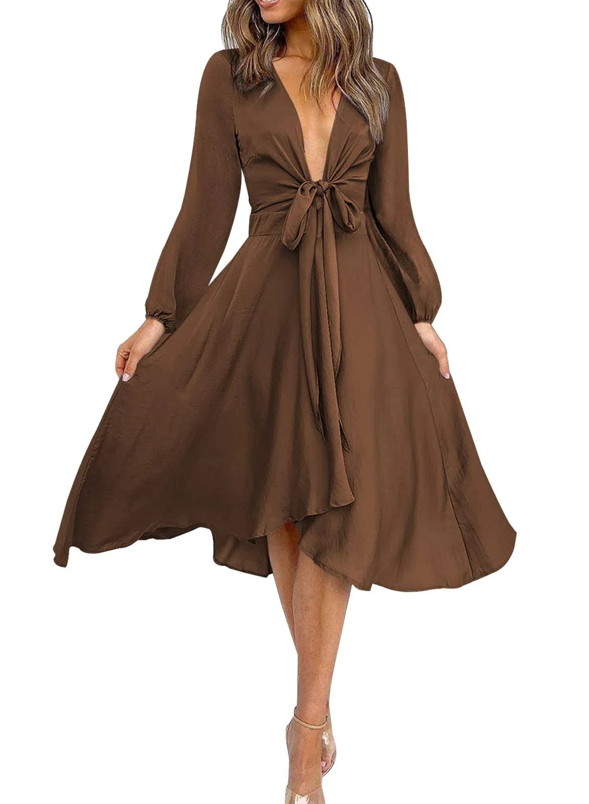 Miduo Satin V-Neck Long Sleeve High Waist Skater Midi Dress - Perfect for Cocktail Parties | Image