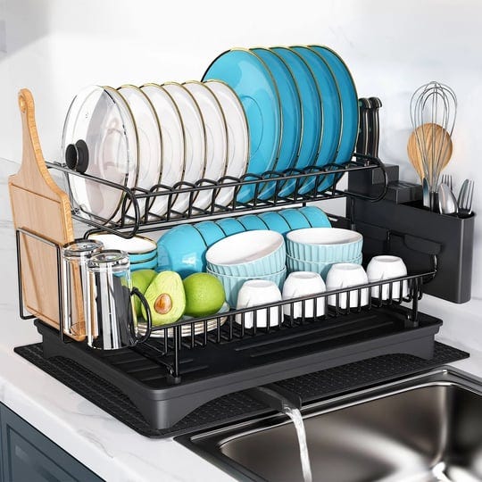 jasiway-2-tier-kitchen-stainless-steel-dish-rack-with-cutlery-holder-and-drainboard-black-1