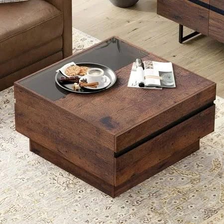 Sleek Square Coffee Table with Tempered Glass & Hidden Storage Drawers in Brown | Image