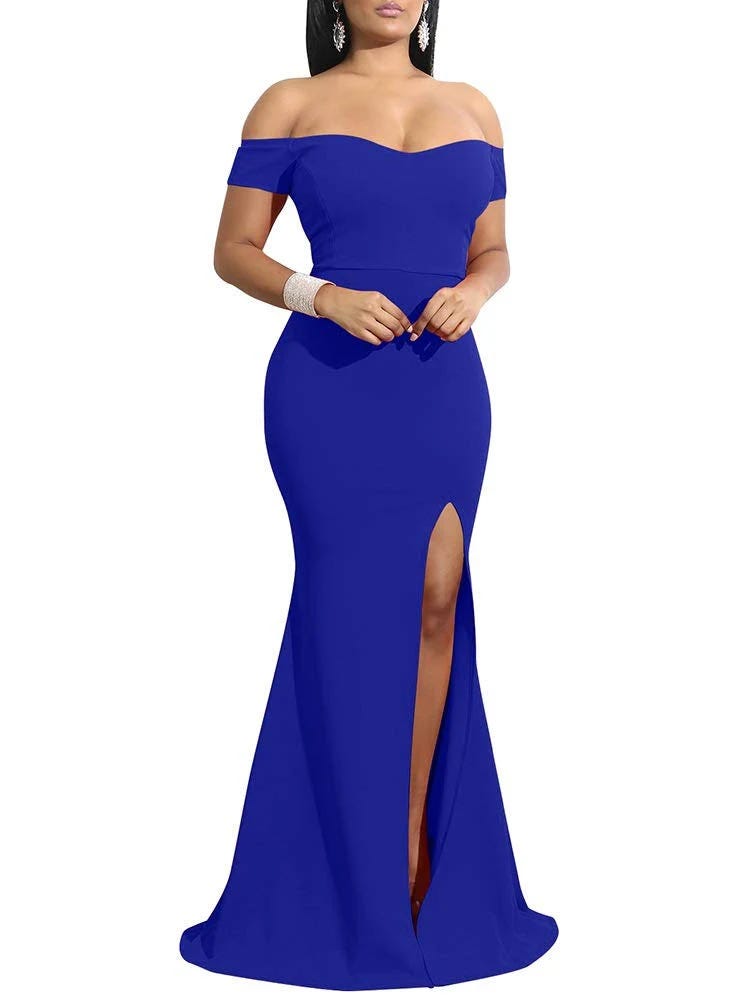 Off-Shoulder Blue Evening Gown with Thigh-High Split - Perfect for Pageants/Proms | Image