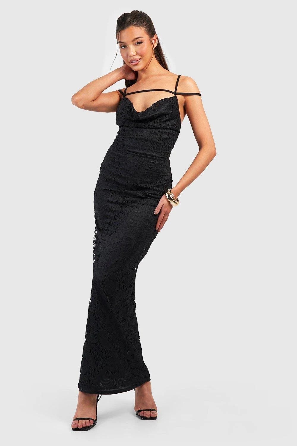 Maxi Black Lace Cowl Strappy Dress for Style and Comfort | Image