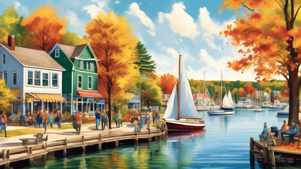 Create an illustration capturing the charm of Green Bay, Wisconsin. Featuring a picturesque waterfront with sailboats, vibrant fall foliage, historic buildings, and people enjoying outdoor activities such as fishing and walking along a scenic trail. The scene should reflect a quaint, welcoming atmosphere with clear blue skies.