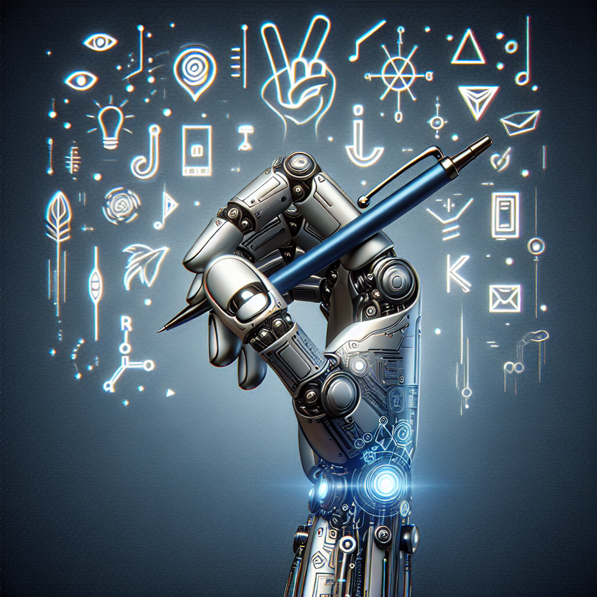 A high-tech robot hand holding a pen surrounded by pictographs and symbols representing communication and language.