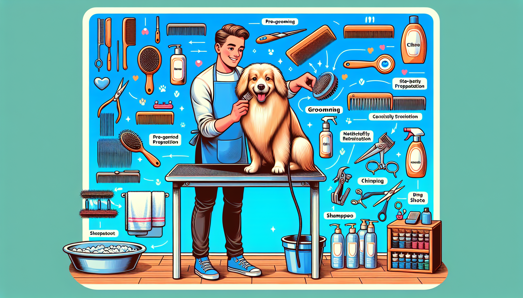 Create an image of a detailed step-by-step grooming routine for long hair dogs. The scene includes a pet grooming station with a friendly dog on a grooming table. The dog