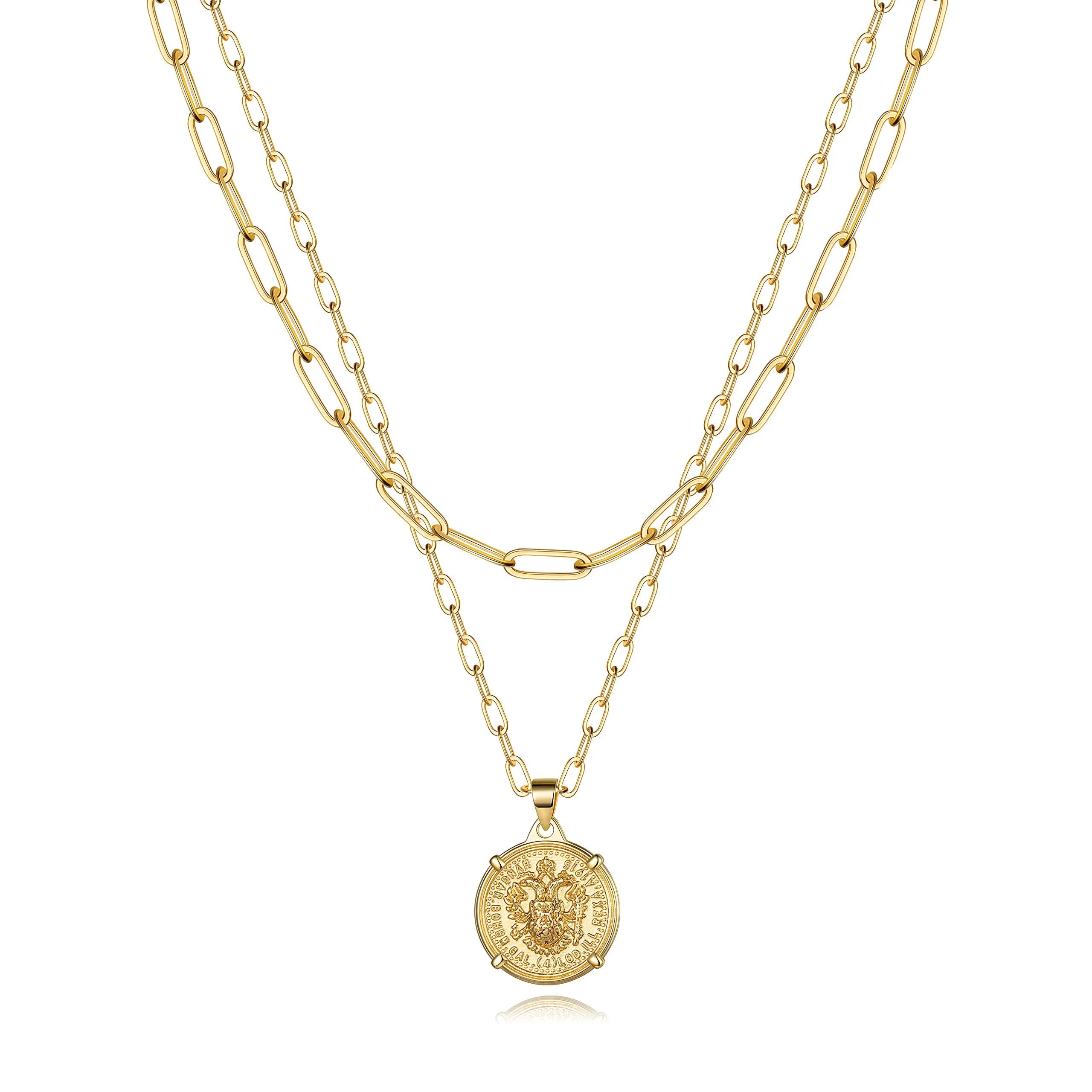 Layered Link Chain Choker Necklace with 14K Gold Coin Pendant | Image