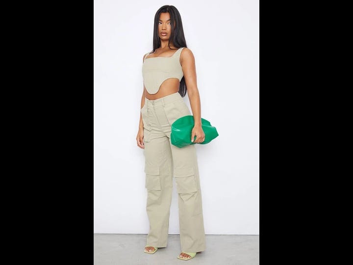 prettylittlething-womens-stone-twill-pocket-detail-high-waist-cargo-pants-size-13