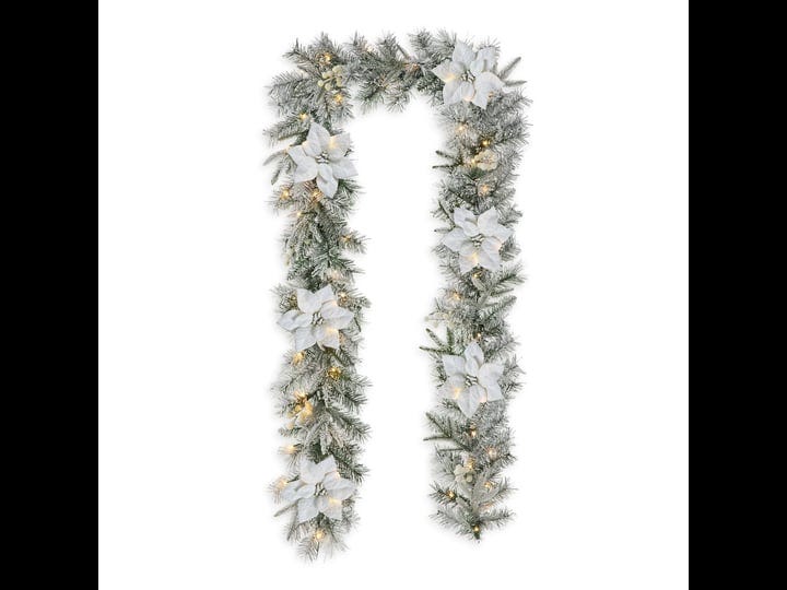 glitzhome-9-pre-lit-snow-flocked-greenery-pine-poinsettia-christmas-garland-with-50-warm-white-light-1