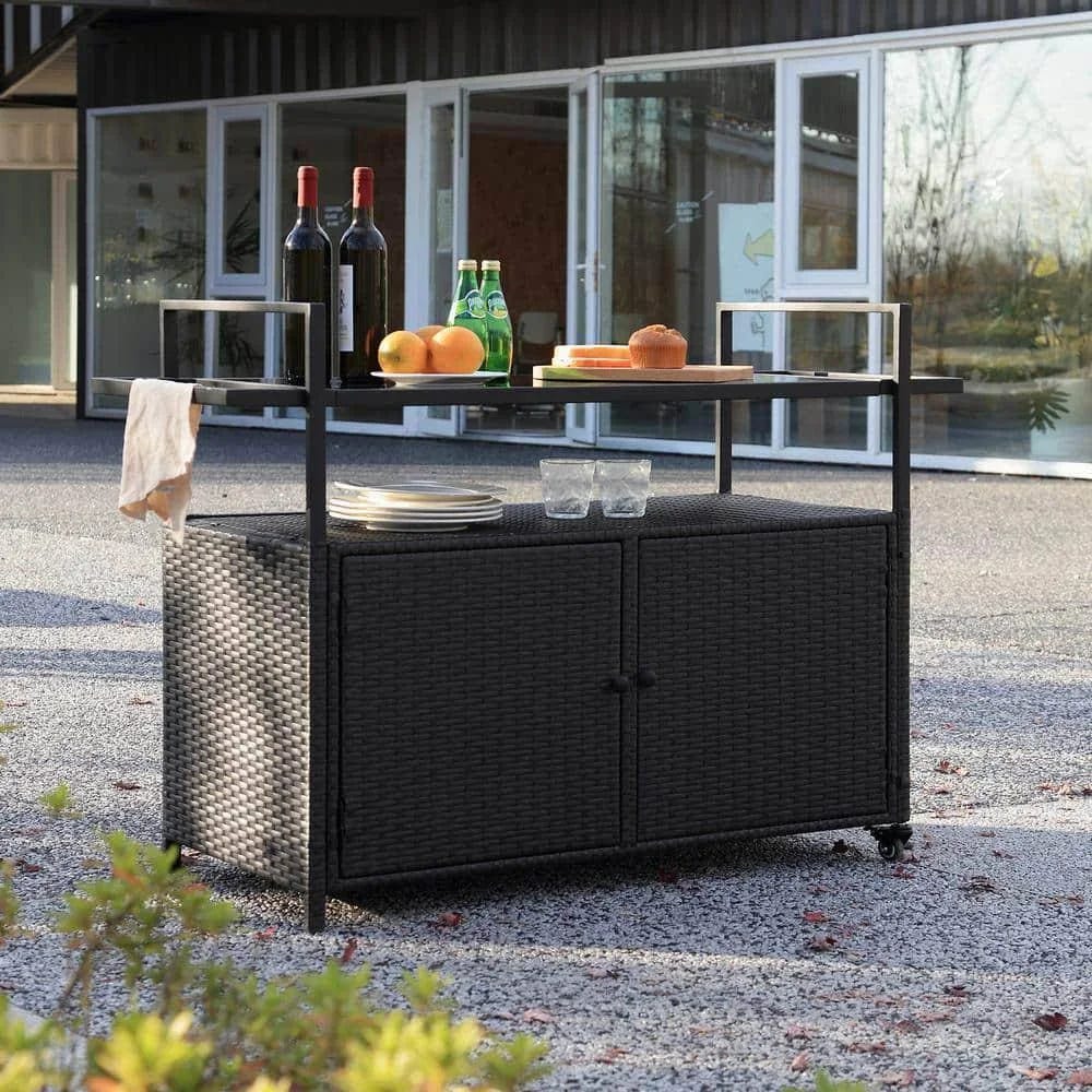 Portable Wicker Rattan Outdoor Bar Cart with Wheels & Storage | Image