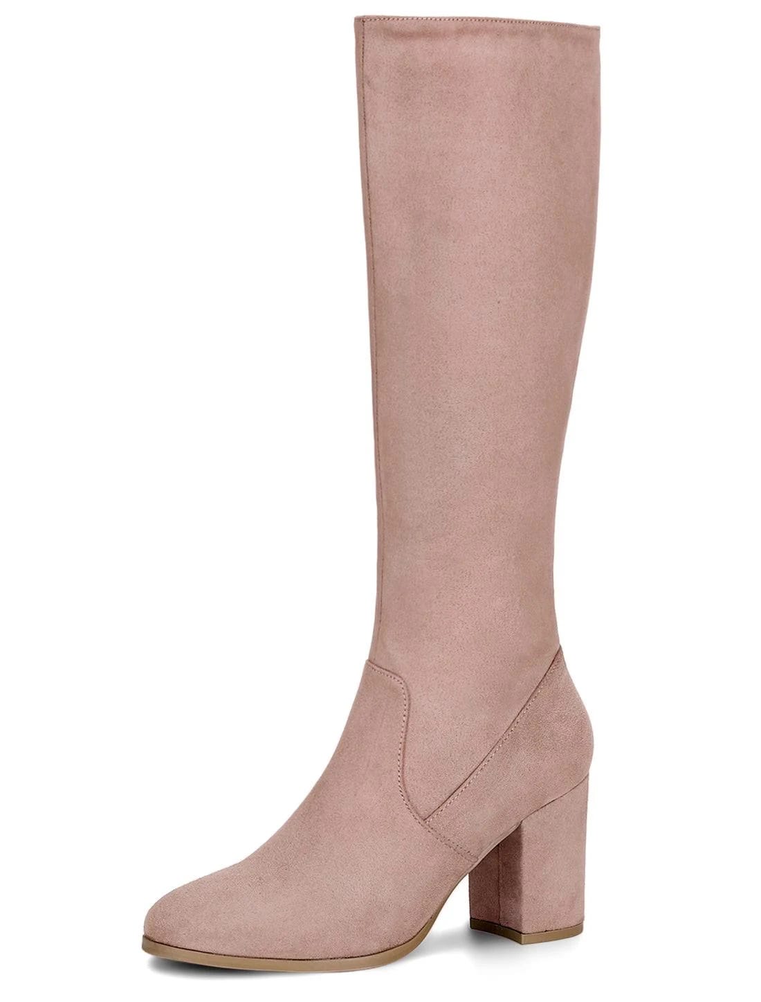 Knee-High Boots with Chunky Heel and Faux Suede Vamp in Dust Pink | Image