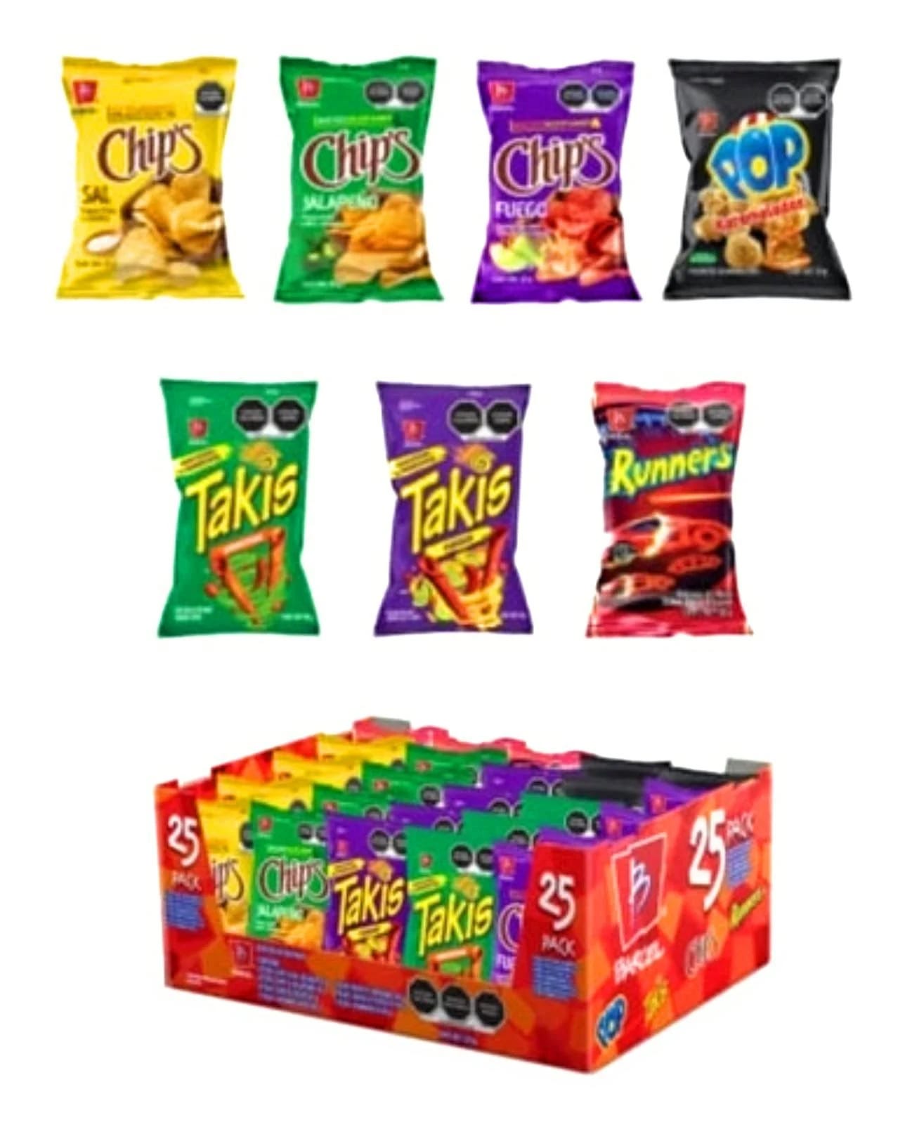 Takis Fuego Variety Pack with Barcel Chips and Runners - 25 Pieces | Image